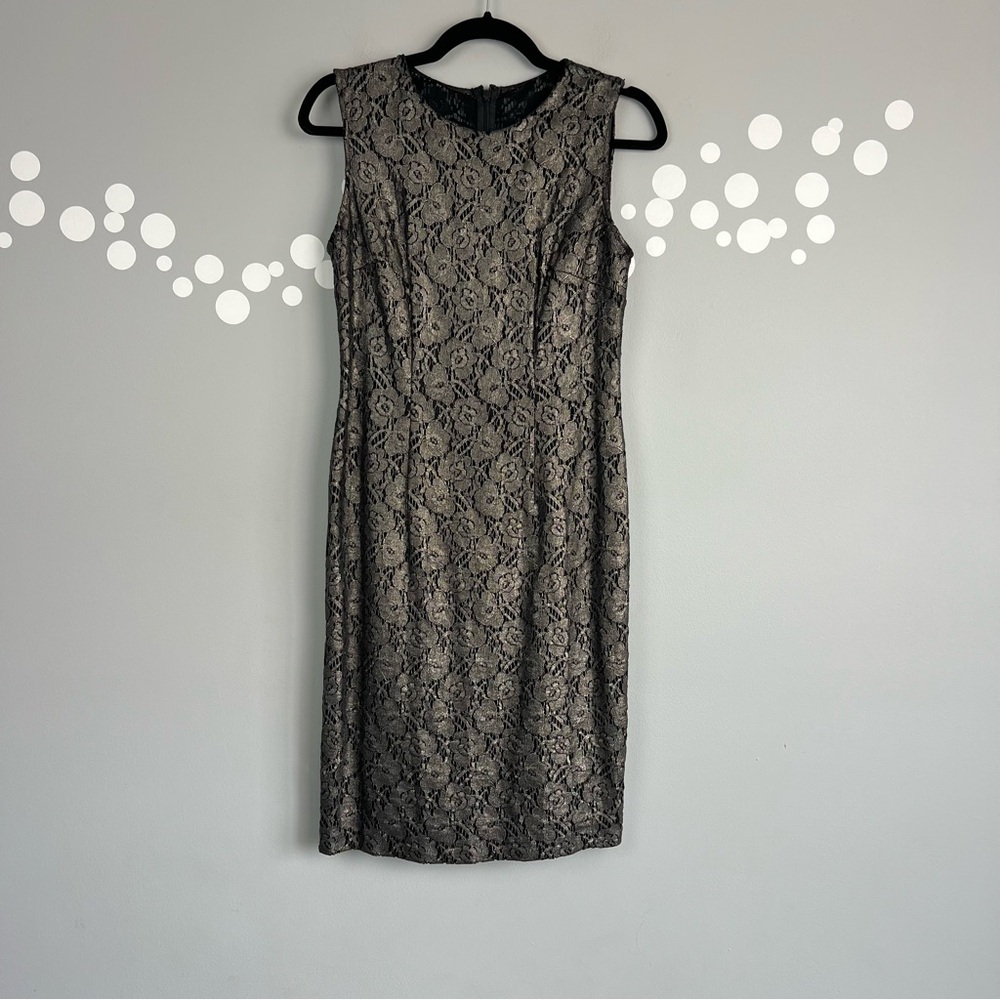 WHBM Pewter Lace Floral Metallic Sheath Dress Sise 4